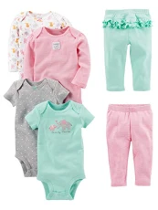 Baby Girls' 6-Piece Bodysuits (Short and Long Sleeve) and Pants Set, Aqua Gr