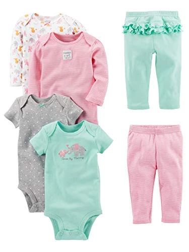 Baby Girls' 6-Piece Bodysuits (Short and Long Sleeve) and Pants Set, Aqua Gr