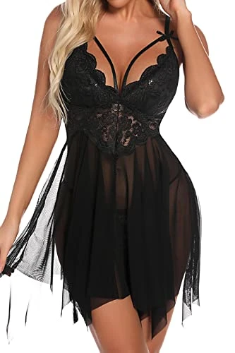 Babydoll Lingerie for Women Sexy Lace Lingerie Set Open Front Nightdress V-Neck Babydoll with Lace G-String Sleepwear Nightgown, Black, L