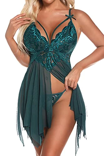 Babydoll Lingerie for Women Sexy Lace Lingerie Set Open Front Nightdress V-Neck Babydoll with Lace G-String Sleepwear Nightgown, Green, M