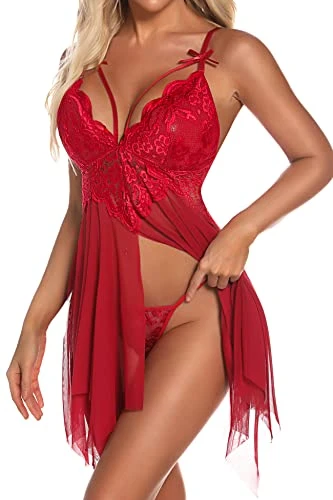 Babydoll Lingerie for Women Sexy Lace Lingerie Set Open Front Nightdress V-Neck Babydoll with Lace G-String Sleepwear Nightgown, Wine Red, S