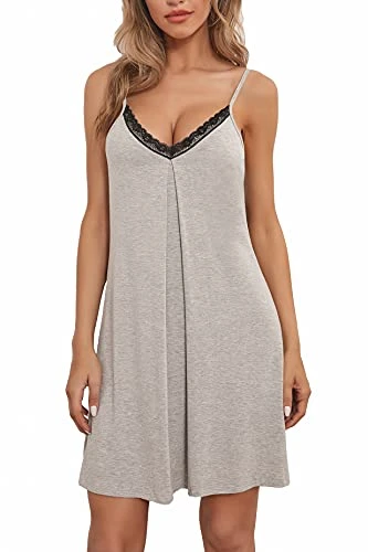 Babydoll Nightgown for Women Sexy Chemise Lingerie Modal Sleepwear V Neck Slip Nighty Grey,S