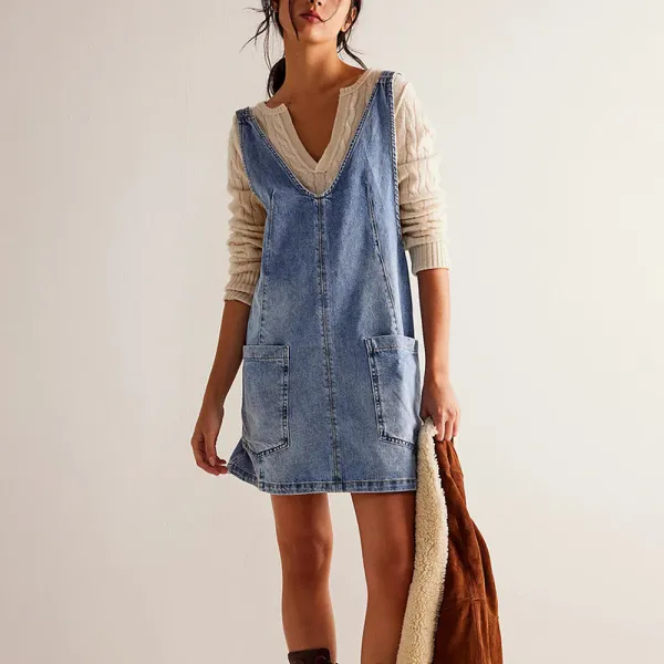 Backless Denim Dress Sleeveless Strap Pocket Pinafore - Light Blue / L