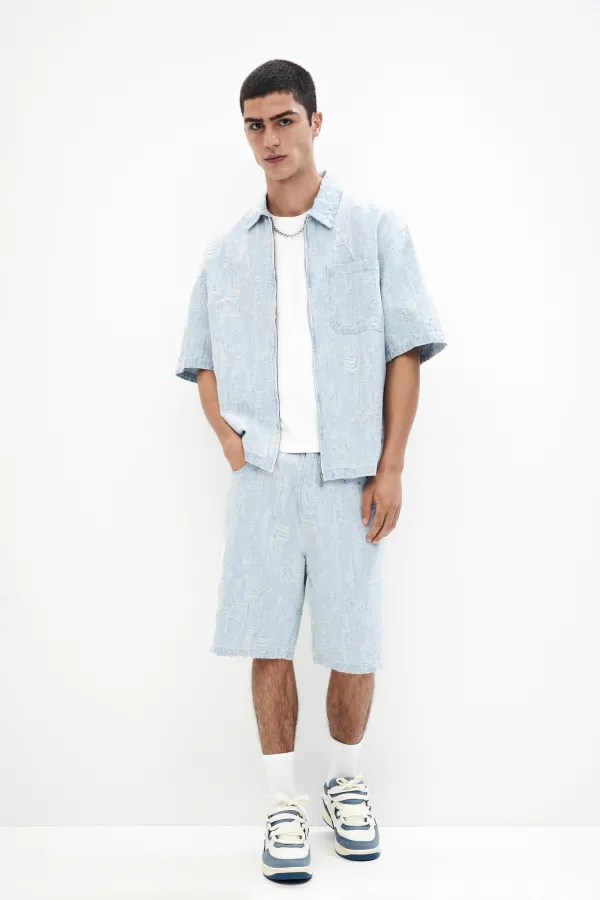 Baggy Jacquard Denim Bermuda Shorts - Pale indigo
