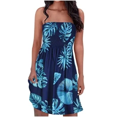 Bandeau Beach Dresses for Women UK Strapless Boho Sundress Boobtube Sheering Ruched Mini Dress Summer Vest Top Floral Mini Dress Pleated Swing Dress,XL,051 Dark Blue