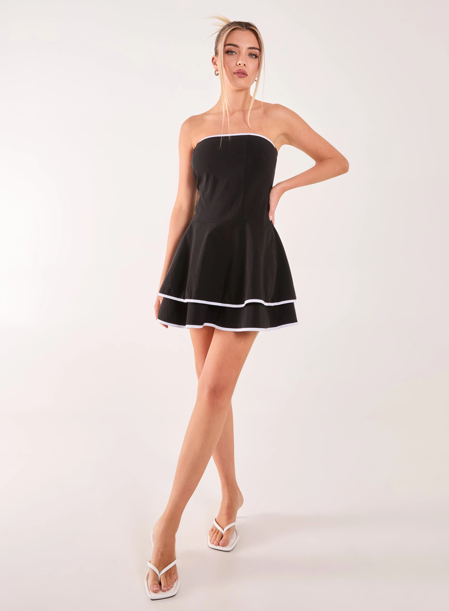 Bandeau Contrast Binding Mini Dress BLACK/WHITE