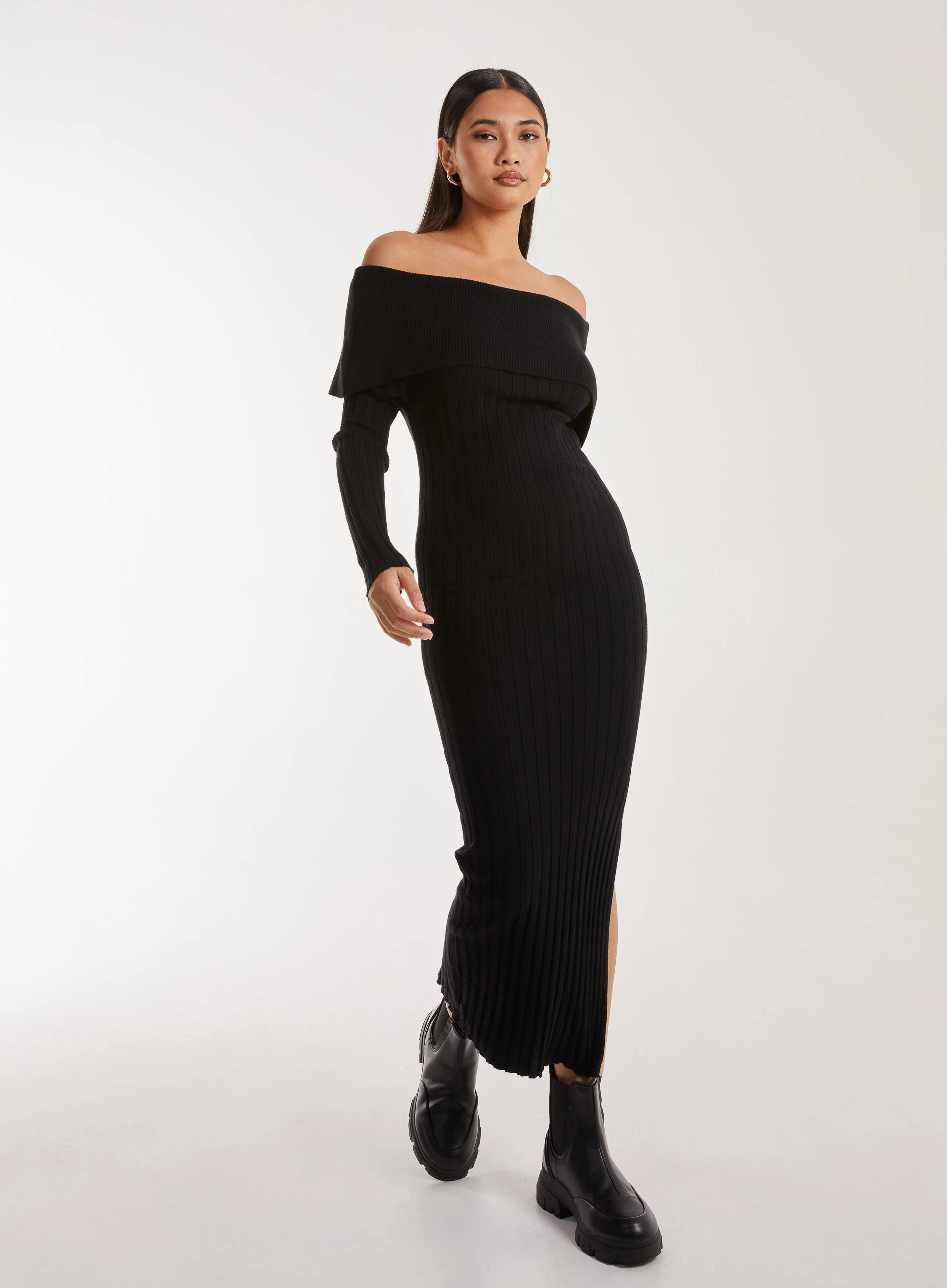 Bardot Ribbed Knit Maxi Dress  - M  - Black