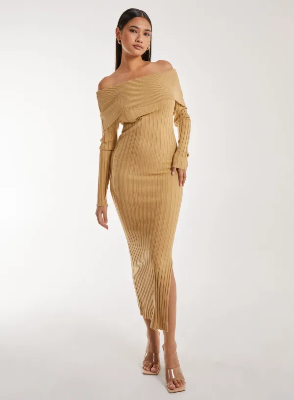 Bardot Ribbed Knit Maxi Dress - M - Camel