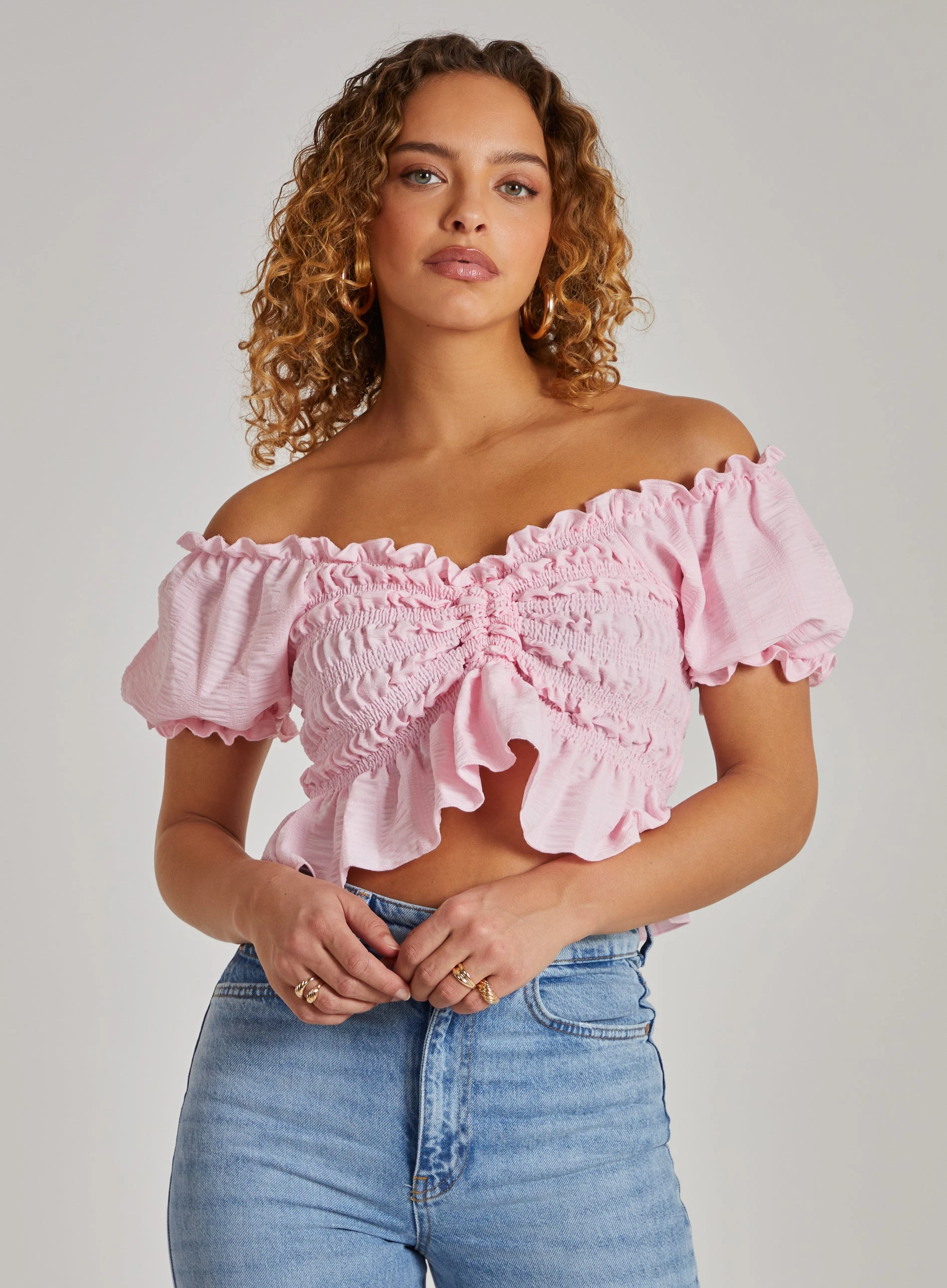 Bardot Ruched Puff Sleeve Frill Trim Crop Top  - L  - Pink