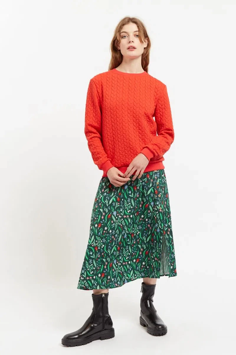 Barney Folk Floral Print Midi Skirt in Multi - Green
