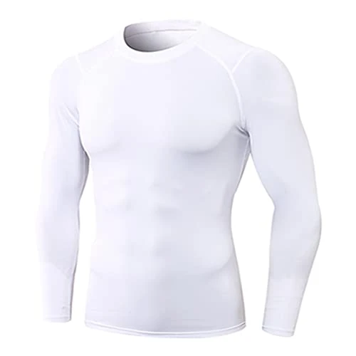 Base Layer Top Wicking Quick Dry Lightweight Sport Compression Tee Long Sleeve Shirt (White,L)