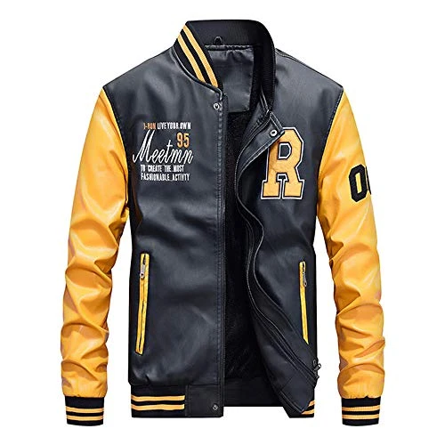 Baseball Jackets For Men - Unisex Classic Spring Autumn Color-Blocked Jacket Pu Leather Varsity College Baseball Jacket Stand-Up Collar Embroidery Vintage Bomber Pilot Jacket Coats Aviator Jacket