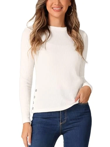 Basic Knit Sweater for Women's Stretch Long Sleeve Crew Neck Casual Sweater Tops White M