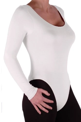 Basic - Womens Long Sleeve Bodysuit Stretch Ladies Leotard Scoop Neck Body Top White M/L