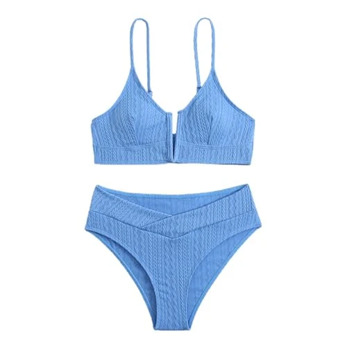 Bathing Suit for Women High Waisted Bikini Sets Sporty Two Piece Swimsuits Color Block High Cut Bathing Suits Ladies Electric for Legs and Bikini (Blue, M)