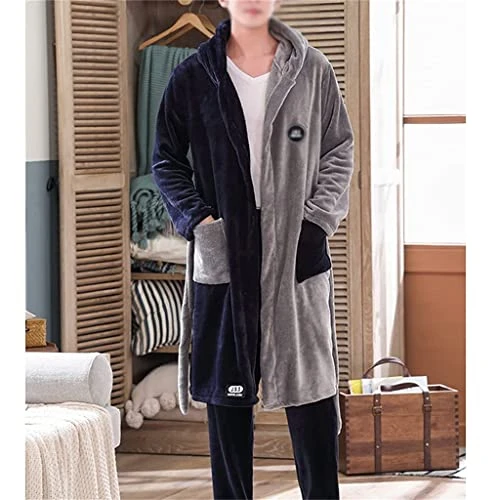 Bathrobe Autumn and Winter Men's Thickened Flannel Nightgown Warm Bathrobe Home Service (A 3XL code)