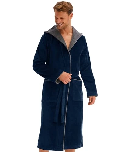 bathrobe for men made of cotton with hood in dark blue, calf-length terry dressing gown, cotton size M