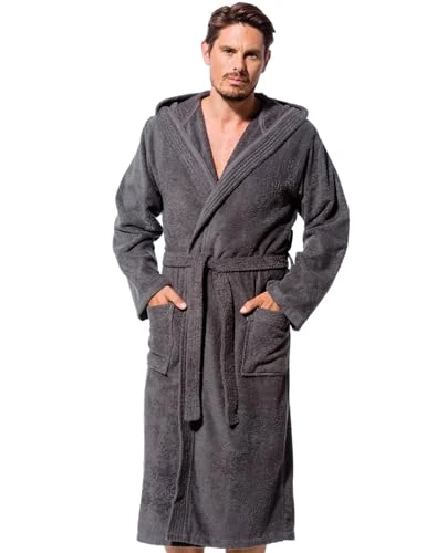 Bathrobe Mens with Hood Towelling Cotton Long Dark Grey Size Medium