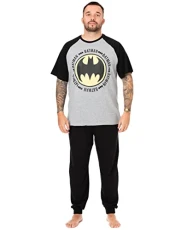 Batman Mens Pyjama Set | Adult Grey & Black Superhero Loungewear Pants and T-Shirt PJ Bundle | Batman Logo Short Sleeve Tee Long Leg Bottom Pajama | Nightwear Movie Merchandise Gift for Him