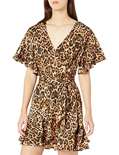 BB DAKOTA Women's Wild Card Leopard Printed Matte Satin Wrap Dress, Brown, XS