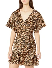 BB DAKOTA Women's Wild Card Leopard Printed Matte Satin Wrap Dress, Brown, XS BB DAKOTA Women's Wild Card Leopard Printed Matte Satin Wrap Dress, Brown, XS