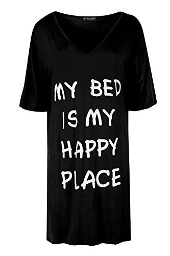 Be Jealous Womens Ladies My Bed is My Happy Place V Neck Baggy Oversized Mini PJ Dress Black