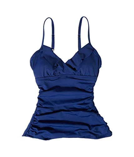 Beach Club Solids Underwire Ruffle Camisole Tankini Swimsuit Top - Blue - 4