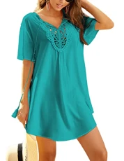 Beach Cover Ups for Women Beachwear Short Sleeve Sexy Beach Cover Up V-Neck Hollow Beach Dress Green S Beach Cover Ups for Women Beachwear Short Sleeve Sexy Beach Cover Up V-Neck Hollow Beach Dress Green S