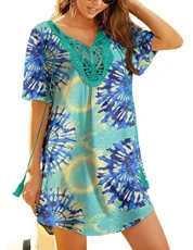 Beach Dresses for Women V-Neck Bikini Cover Ups Lace Crochet Short Sleeve T Shirt Swimsuits Casual Dress Blue tie dye M Beach Dresses for Women V-Neck Bikini Cover Ups Lace Crochet Short Sleeve T Shirt Swimsuits Casual Dress Blue tie dye M