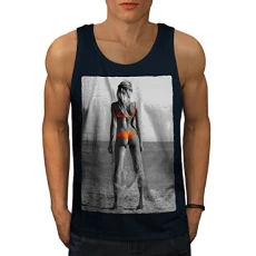 Beach Girl Bikini Sexy Mens Tank Top, Orange Active Sports Shirt Navy S