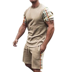 Beach Hawaiian 2 Piece Short Set Casual Print Men Spring Sets Cotton Crew Neck Henley Shirt Wrinkle-Free Beach Tropical Tracksuit Graduation T Shirt Men's Tracksuits Beige