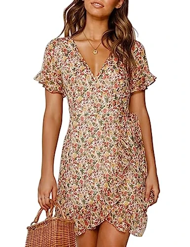Beach Wrap Dress Women Chiffon V Neck Flower Print Short Sleeves, Multicoloured, XXL