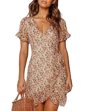 Beach Wrap Dress Women Chiffon V Neck Flower Print Short Sleeves, Multicoloured, XXL