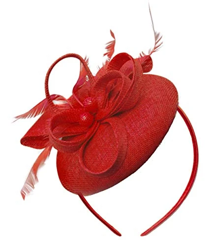 Bead Round Pillbox Loop Sinamay Headband Fascinator for Women Wedding Ascot Races[Red]