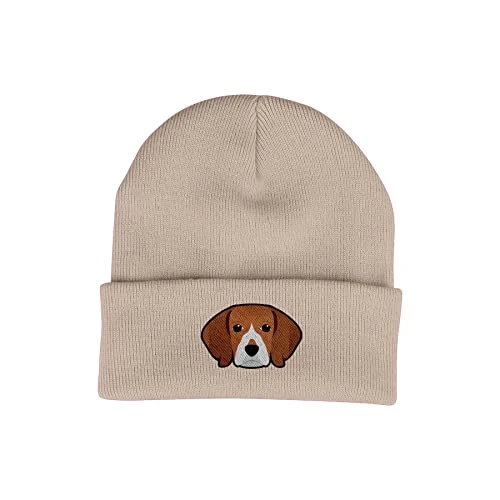 Beagle Beanie Hat - Dog Lovers Gifts for Women Men - Knitted Ladies Winter Hats - Embroidered - Acrylic - Sand
