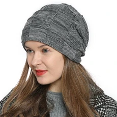 Beanie hat Women Winter hat Knit Knitted Long Slouch with Fleece Lining - Grey White