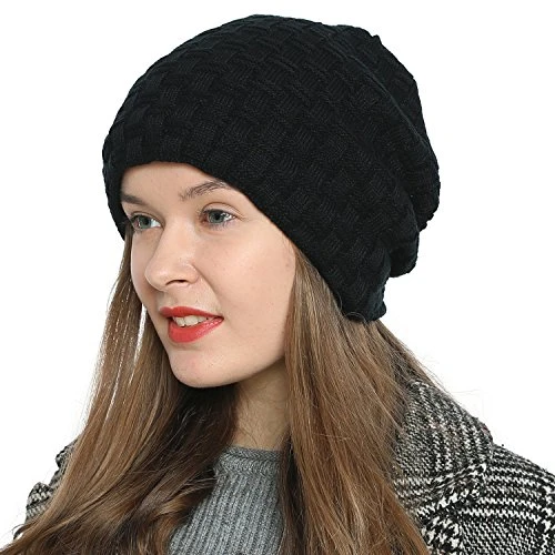 Beanie hat Women Winter hat Long Slouch Knit Knitted with Fleece Lining - Black