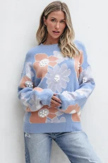 Beau Blue Floral O Neck Drop Shoulder Knitted Sweater - BEAU BLUE / / %VISCOSE+%POLYESTER+%POLYAMIDE