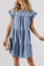 Beau Blue Ruffle Short Sleeve Tiered A-line Denim Dress - BEAU BLUE / / 95%COTTON+%POLYESTER