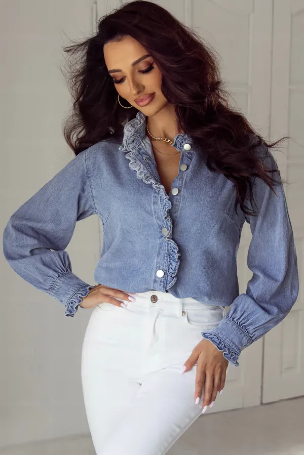 Beau Blue Ruffled Long Sleeve Buttoned Denim Shirt - BLUE / / 100%COTTON - BLUE