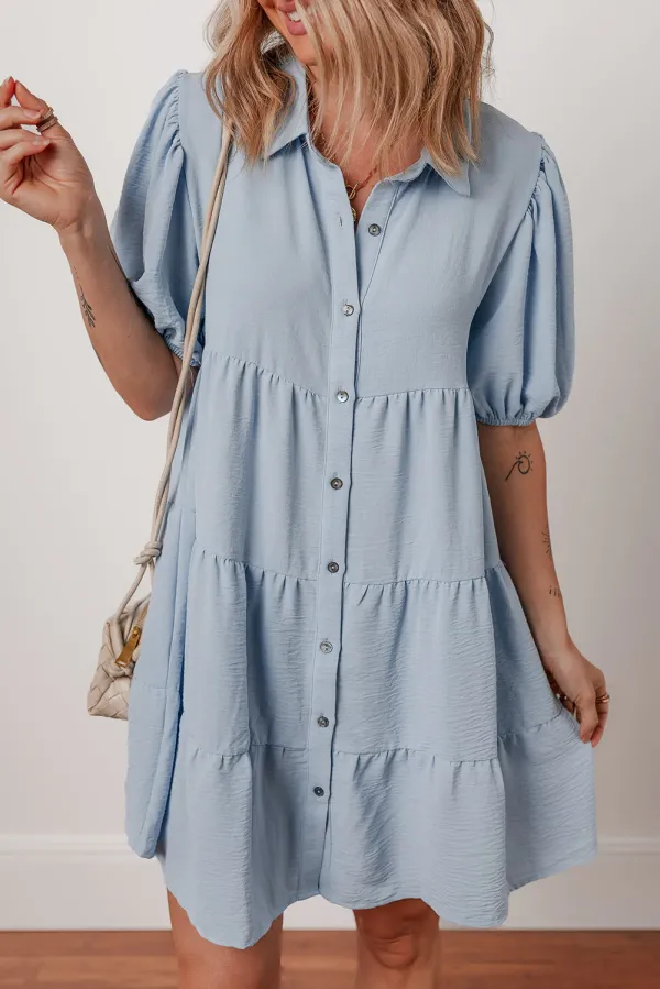 Beau Blue Shirt Collar Button Up Short Puff Sleeve Tiered Shift Dress - Beau Blue / / 100%Polyester - Beau Blue