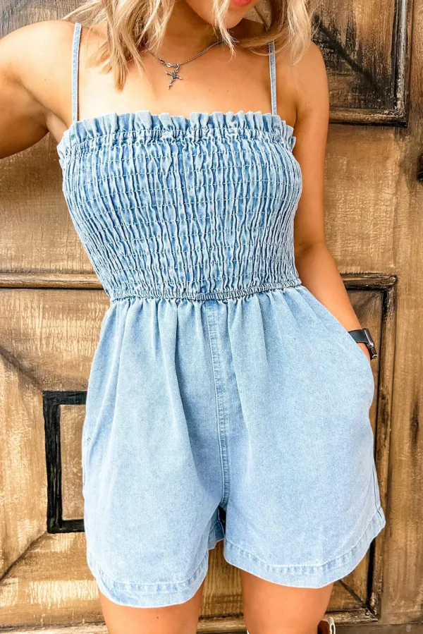 Beau Blue Spaghetti Strap Smocked Denim Romper - Beau Blue / / 75%Cotton+%Polyester - Beau Blue