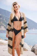 Beige & Black Stripe Open Front Open Knit Longline Cardigan - Neutral