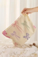 Beige Bow Print Corduroy Makeup Bag - Beige / ONE SIZE