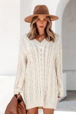 Beige Cable Knit V-Neck Long Sleeve Mini Jumper Dress
