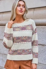 Beige Colorblock Round Neck Long Sleeve Jumper