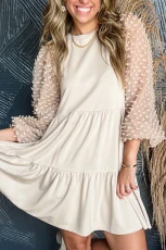 Beige Embellished Puff Sleeve Tiered A-line Dress - BEIGE / / 65%POLYESTER+%VISCOSE+%ELASTANE