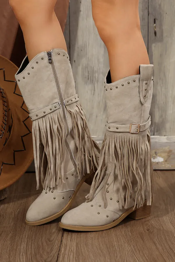 Beige Faux Suede Studded Fringe Trim Heel Boots - Beige /