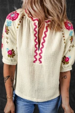 Beige Floral Embroidered Ricrac Puff Sleeve Textured Blouse - BEIGE / / 100%POLYESTER