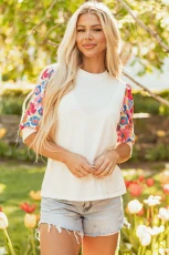 Beige Floral Puff Sleeve Patchwork Round Neck Top - Beige /